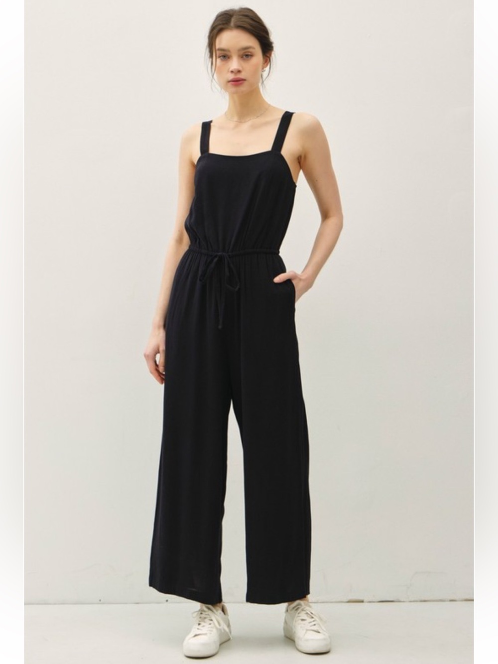 1408 • Black Rayon Soft Draped Adjustable Straps Slant Pockets Jumpsuit Overalls